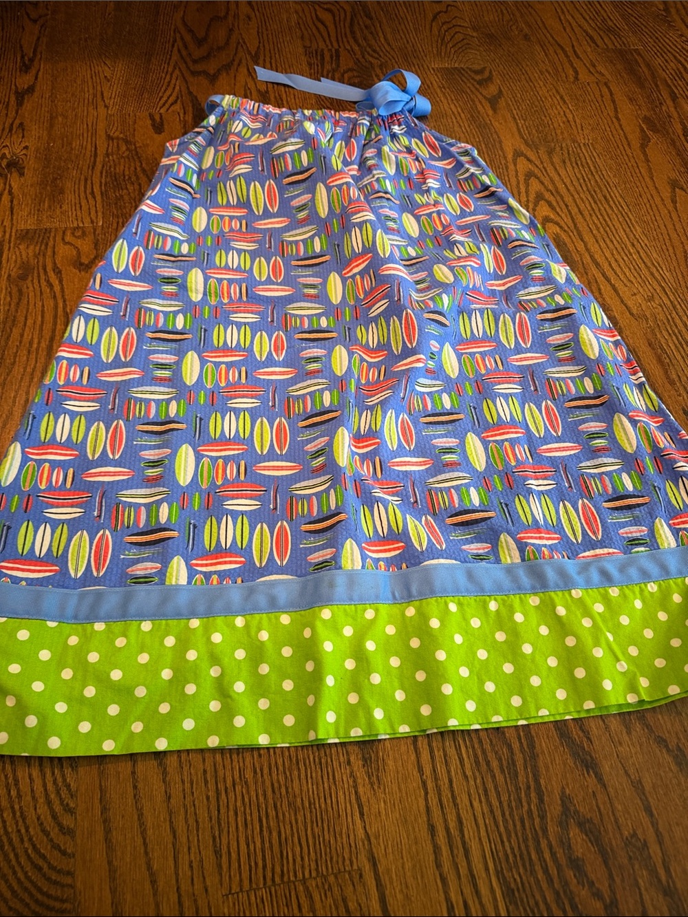 Girls' Blue Surfboard-Print Casual Dress with Lime Polka-Dot Hem